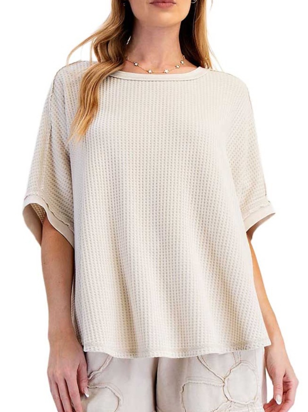 NWT🤍Easel Mineral Washed Thermal Knit Oversized Top Small Cream